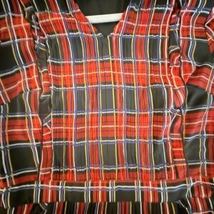 Plaid Long Sleeve Midi gunny sax Dress Red Black Ruffle Collar Tie Neck prairie
